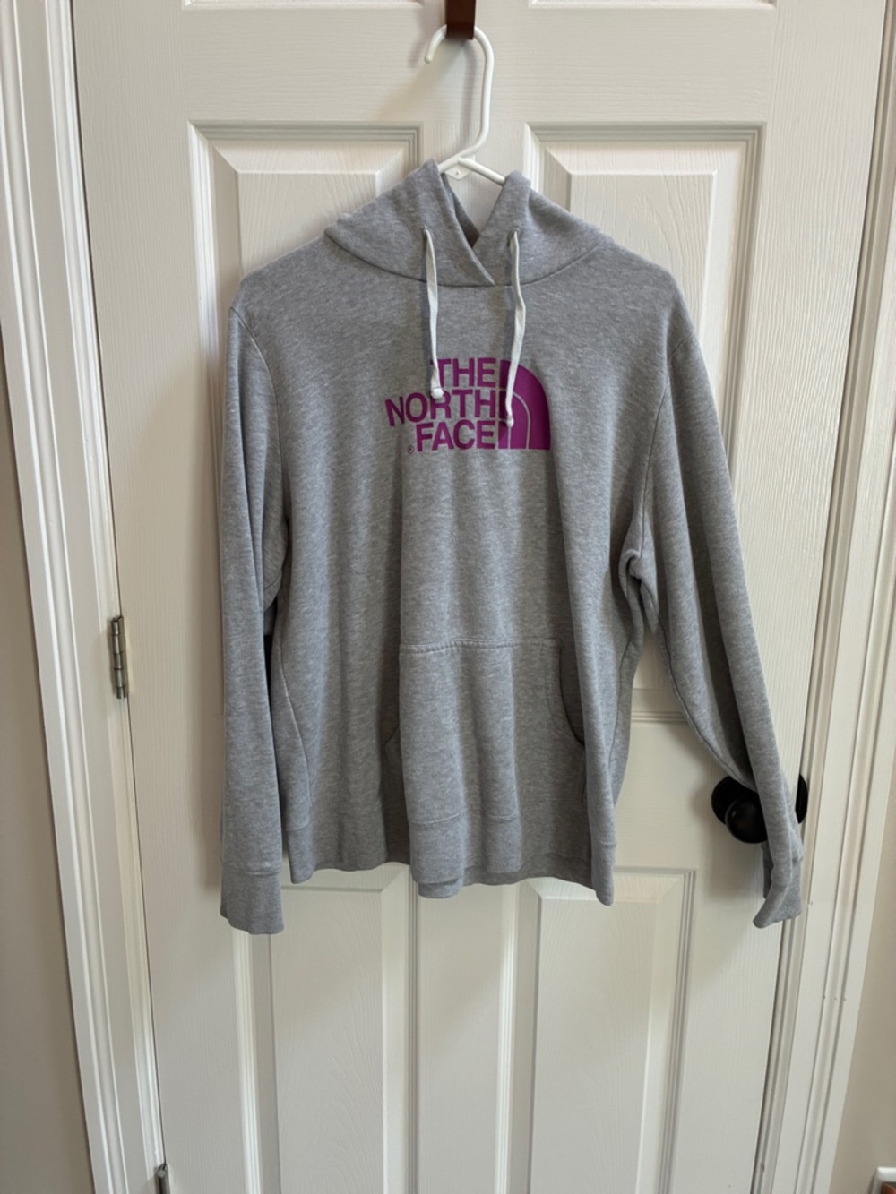 The North Face Light Gray Hoodie with Purple Logo women’s xl